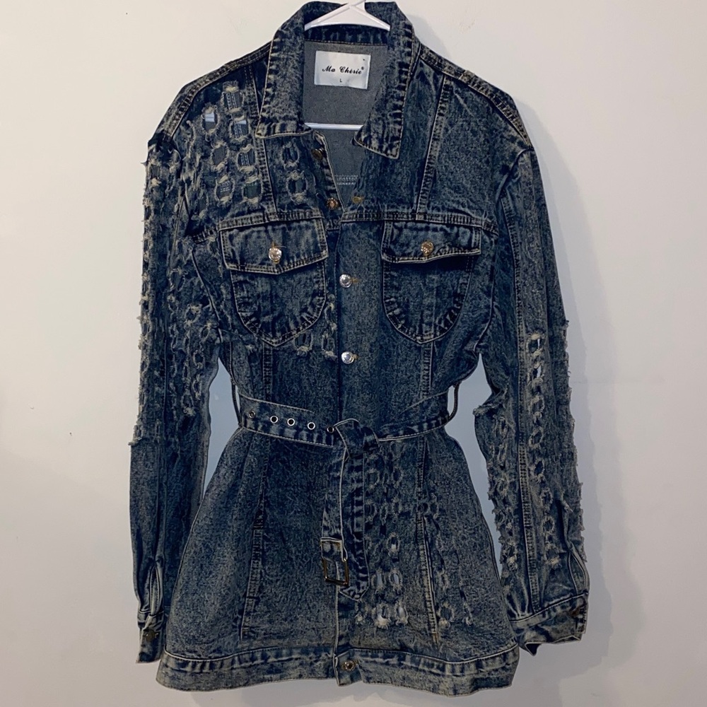 Ma Cherie Denim Distressed Jean Jacket With Belt Mid Length Size Large - Picture 3 of 16